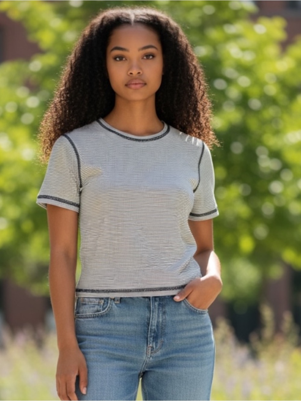 ALL THE WAYS Cropped  Striped Crew Neck